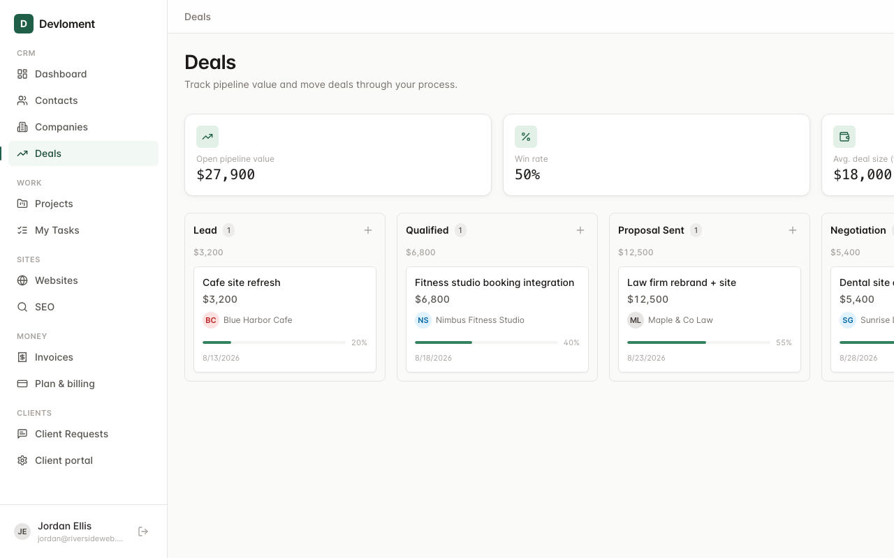 Deal pipeline kanban board with deals moving through Lead, Qualified, Proposal Sent, Negotiation, Won, and Lost stages