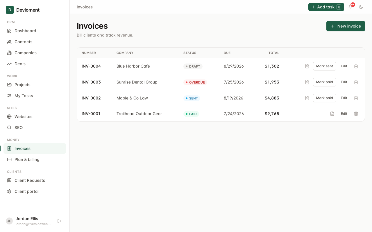 Invoices list showing invoice numbers, statuses, due dates, and totals